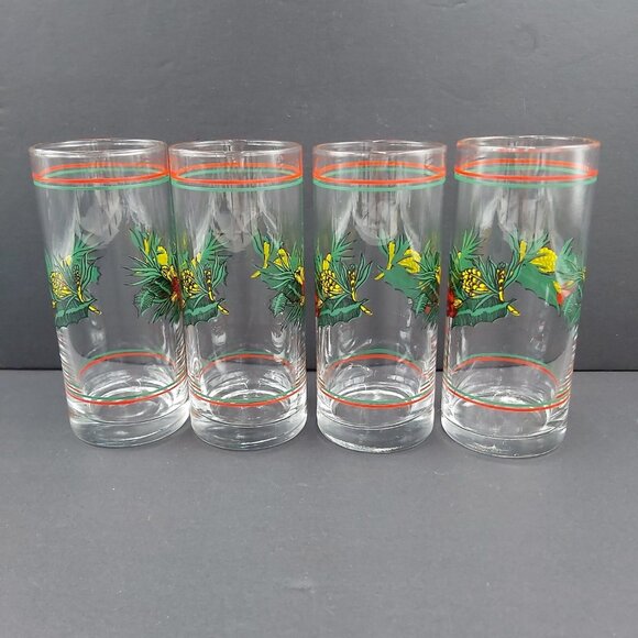 Libbey Cocktail Highball Glasses Christmas Holly Berries Pinecones-Tumblers VTG - Picture 2 of 12
